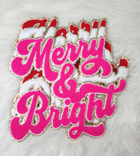 Load image into Gallery viewer, Merry  and Bright Chenille Sparkle Glitter Iron On Patch: Hot pink
