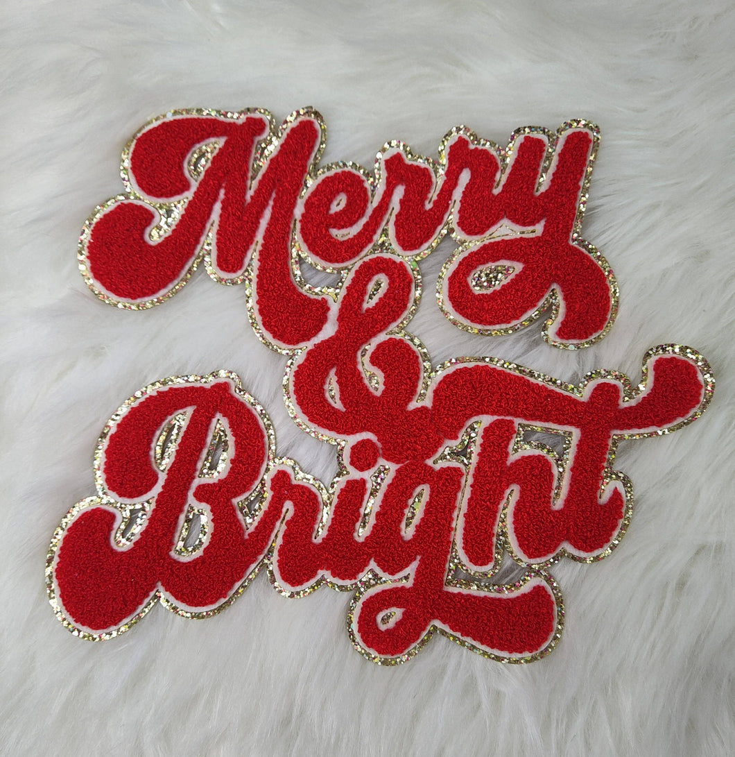 Merry  and Bright Chenille Sparkle Glitter Iron On Patch: Red