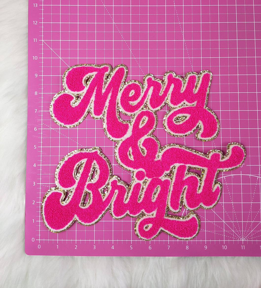 Merry  and Bright Chenille Sparkle Glitter Iron On Patch: Hot pink
